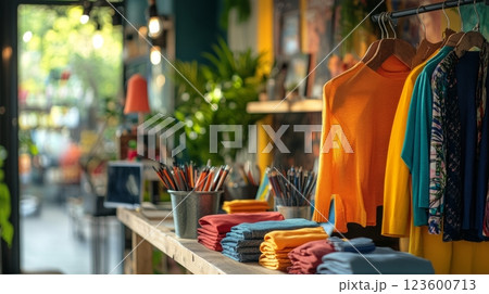 Clothes arranged neatly on a shelf in a retail store for customer browsing and shopping 123600713