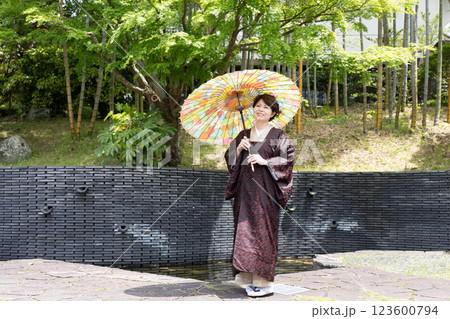 ちりよけコートを着た着物姿の女性 123600794