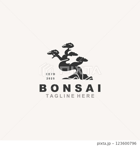 Bonsai Tree Logo Design template. vintage  illustration of aesthetic bonsai plants culture 123600796