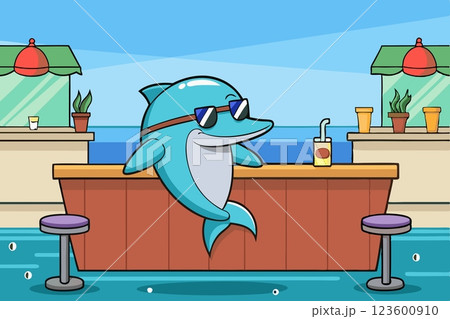 Intelligent cool blue dolphin bartender in sunglasses on the seashore 123600910