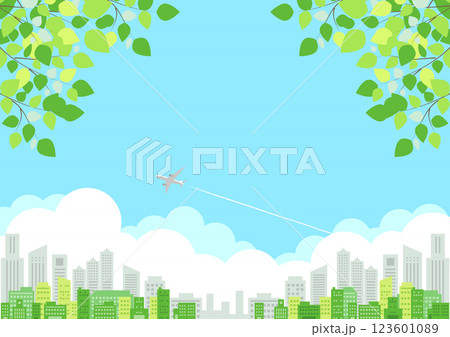 初夏、ビル街、イラスト、飛行機、背景、横 初夏、ビル街、イラスト、飛行機、背景、横 123601089