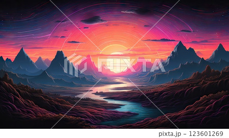 Neon Horizons Synthwave Cyberpunk Landscape with Sun and Mountains - Digital Computer Art, Wide Banner Background. created with Generative AI 123601269