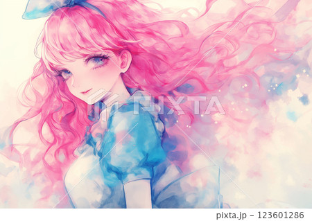 幻想的なアリスの世界 ピンクの髪の少女と青いワンピースの水彩アート 幻想的なアリスの世界 ピンクの髪の少女と青いワンピースの水彩アート 123601286