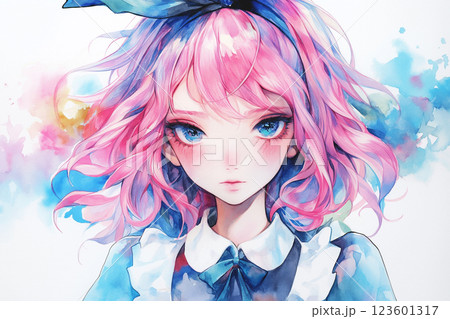 魔法のように輝くピンクの髪 少女の幻想的な水彩アート 123601317