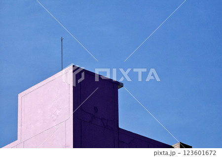Lightning Rod on Minimal Old Building with Blue Sky Background. 123601672