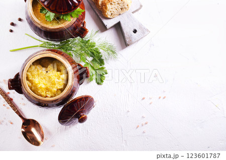 corn porridge with chicken fillet corn porridge with chicken fillet 123601787