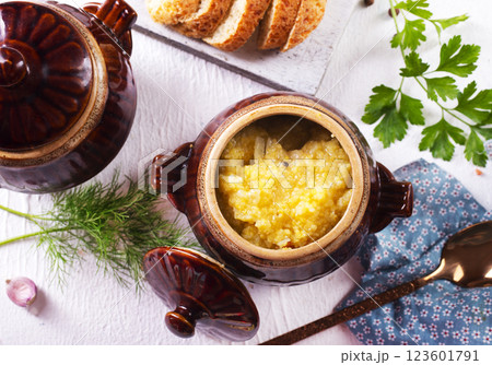 corn porridge with chicken fillet corn porridge with chicken fillet 123601791