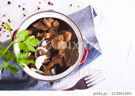 Pickled mushrooms in a metal bowl. Marinated mushrooms with pepper and bay leaf. 123601802