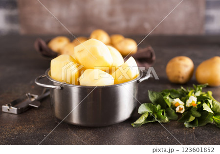 Young potatoes. Fresh potatoes on dark background. 123601852