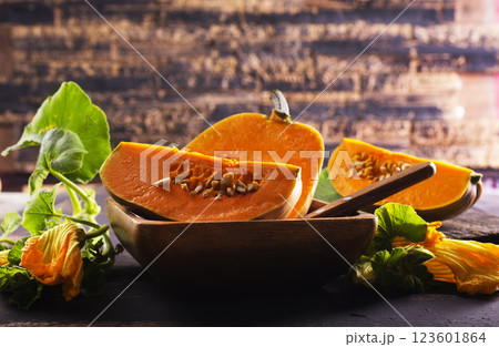 Orange pumpkins on a table. Fresh pumpkins 123601864