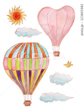 空に浮かぶ熱気球の水彩イラスト 空に浮かぶ熱気球の水彩イラスト 123601982