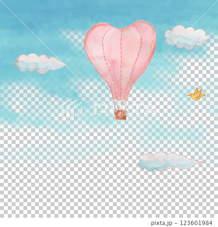 ピンクのハート形の気球と雲の水彩イラスト 123601984
