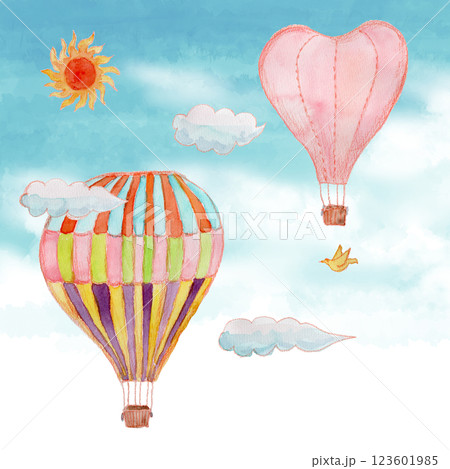 空に浮かぶ熱気球の水彩イラスト背景つきのイラスト素材 [123601985