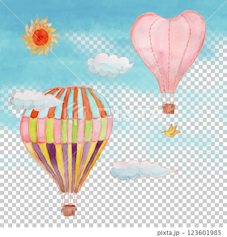 帶有背景的天空中漂浮的熱氣球的水彩插圖 123601985