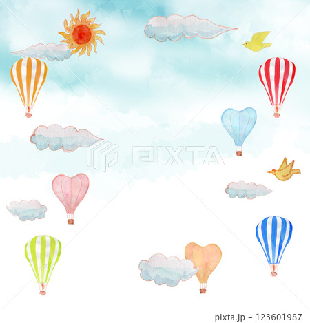 たくさんの気球の水彩イラストフレーム 123601987