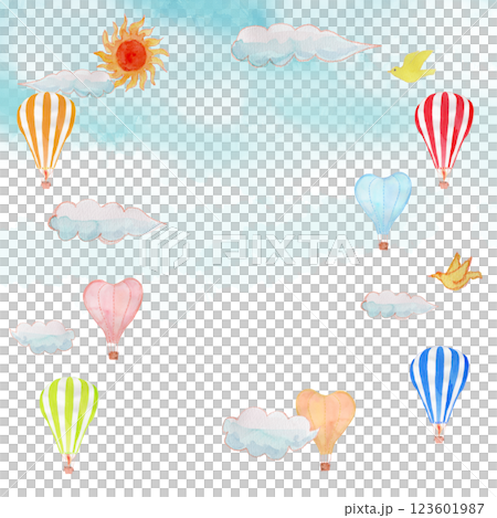 たくさんの気球の水彩イラストフレーム 123601987