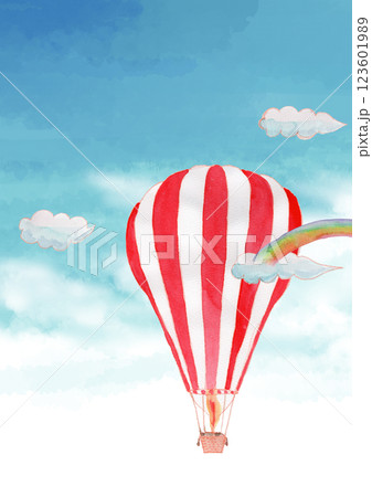 空に浮かぶしましまの熱気球の水彩イラスト　背景つき 123601989