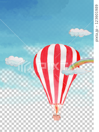 空に浮かぶしましまの熱気球の水彩イラスト　背景つき 123601989