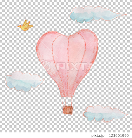 Pink heart shaped balloon and clouds watercolor illustration Pink heart shaped balloon and clouds watercolor illustration 123601990