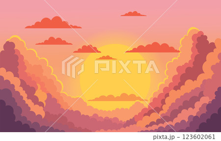 Beautiful Majestic Sky Panoramic with Sun Light and Clouds Landscape at Sunset Sunrise 123602061