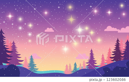 Pine Trees in Nature Landscape with Beautiful Majestic Sky Panoramic with Twinkling Stars at Night 123602086