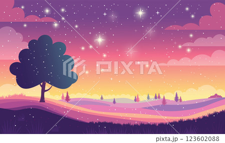 Tree in Hills Nature Landscape with Beautiful Majestic Sky Panoramic with Twinkling Stars at Night 123602088