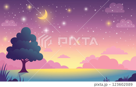 Tree in Nature Landscape with Beautiful Majestic Sky Panoramic with Crescent Moon at Night Tree in Nature Landscape with Beautiful Majestic Sky Panoramic with Crescent Moon at Night 123602089