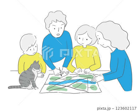 防災について家族会議するイラスト 123602117