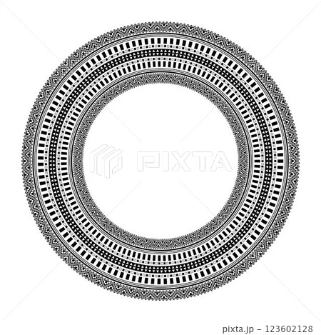 Ethnic round neck ornament of African tribes. Circular ornament in ethnic style. Black and white vector illustration. The endless pattern of Aztec, Maya, Incas, Peru, Brazil, Mexico, Honduras Ethnic round neck ornament of African tribes. Circular ornament in ethnic style. Black and white vector illustration. The endless pattern of Aztec, Maya, Incas, Peru, Brazil, Mexico, Honduras 123602128