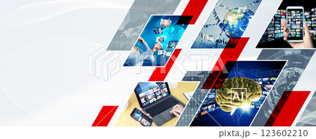 様々な映像技術イメージのコラージュ　バナー・広告向け横長ビジュアル 123602210