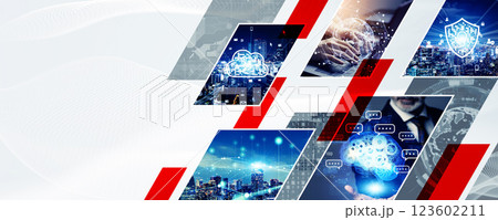 様々なテクノロジーイメージのコラージュ バナー・広告向け横長ビジュアル 様々なテクノロジーイメージのコラージュ バナー・広告向け横長ビジュアル 123602211