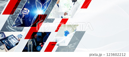 様々な科学イメージのコラージュ　バナー・広告向け横長ビジュアル 123602212