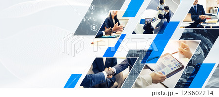 様々なビジネスイメージのコラージュ　バナー・広告向け横長ビジュアル 123602214