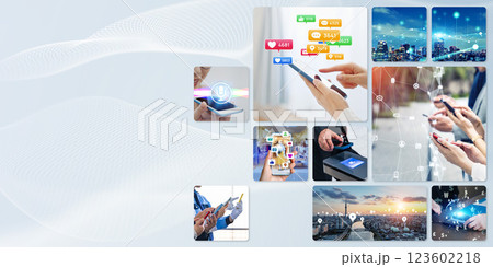 様々な通信ネットワークイメージのコラージュ バナー・広告向け横長ビジュアル 様々な通信ネットワークイメージのコラージュ バナー・広告向け横長ビジュアル 123602218