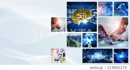 様々なテクノロジーイメージのコラージュ バナー・広告向け横長ビジュアル 様々なテクノロジーイメージのコラージュ バナー・広告向け横長ビジュアル 123602219