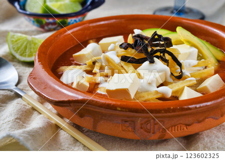 メキシコ料理のソパ・デ・トルティージャ（ソパ・アステカ） 123602325