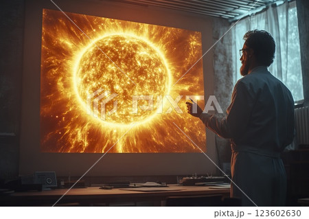 Man in white suit staring at large sun with clear blue sky background Man in white suit staring at large sun with clear blue sky background 123602630