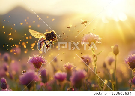 Bee flying over colorful field of flowers in bright sunny daylight outdoors Bee flying over colorful field of flowers in bright sunny daylight outdoors 123602634