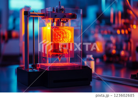 3d printer machine with glowing orange light in a modern workshop environment 123602685
