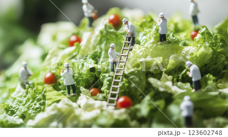 サラダ作りに励む小人たち ミニチュア料理の世界 サラダ作りに励む小人たち ミニチュア料理の世界 123602748
