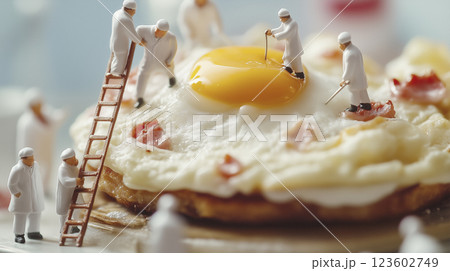 朝食作りに励む小人たち　ミニチュア料理の世界 123602749