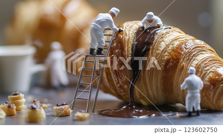 クロワッサンにチョコレートをかける小人たち　ミニチュア料理の世界 123602750