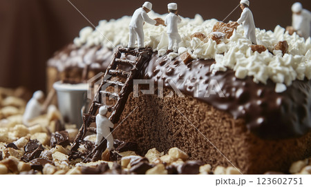 チョコシフォンケーキを作る小人たち　ミニチュア料理の世界 123602751