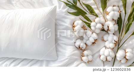 White pillow on bed with cotton branches and leaves 123602836