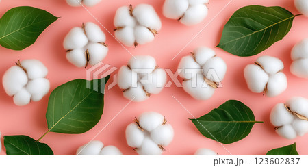 Cotton bolls and green leaves on pink background create fresh pattern 123602837