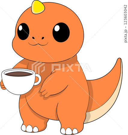 Cute Orange Dinosaur Mascot Holding a Cup of Coffee for Cafe Logo 123603042