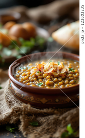 Steaming lentil soup with crispy vegetables in rustic bowl 123603235