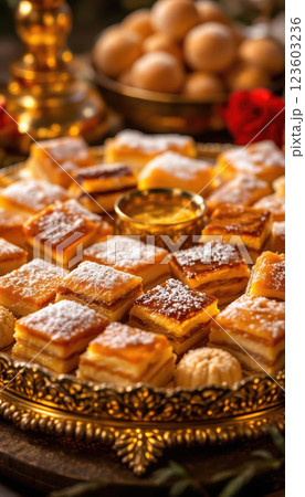 Golden pastry squares on ornate tray with powdered sugar and sweets Golden pastry squares on ornate tray with powdered sugar and sweets 123603236