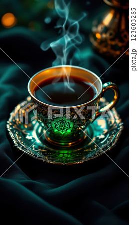 Elegant green teacup with intricate patterns and steaming coffee on decorative saucer 123603285