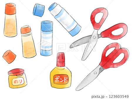 のりとはさみの イラスト　手描き　水彩風 123603549